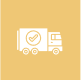 Delivery truck icon with checkmark on yellow.