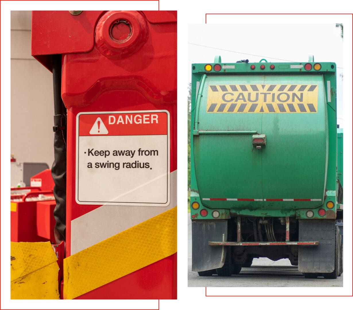 Danger and caution signs on machinery.