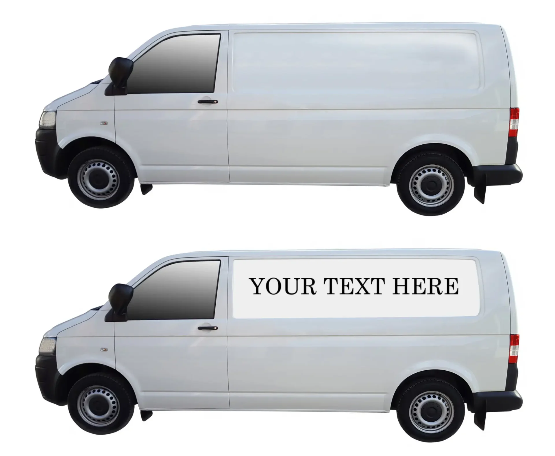Two white delivery vans, one blank and one with customizable text space.